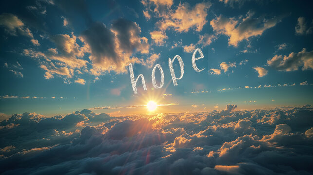 Message of Hope - Inspirational skywriting with the word 'hope' against the blue sky Gen AI
