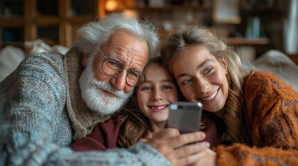 Older Man and Two Young Girls Taking a Selfie