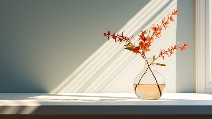 Minimalistic elegance - window sill with a clear vase , sun rays on wall, modern background