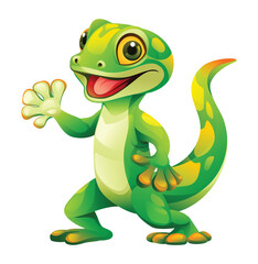 Naklejka premium Cute green gecko waving hand cartoon illustration. Lizard vector isolated on white background