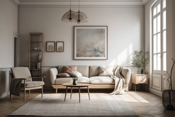 Living area with light colored sofa and blank posters