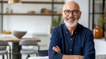 Joyful elderly man with glasses and beard smiling indoors