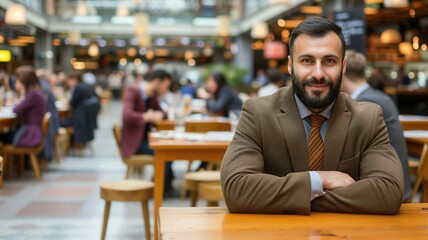 Obraz premium Smiling businessman sitting confidently in a bustling cafe