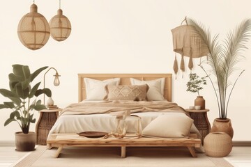 Warm neutrals for the interior of the bedroom, with a wooden bed, slatted headboard, wicker basket, and a trailing green plant. Illustration of a Japanese inspired decoration on a white backdrop