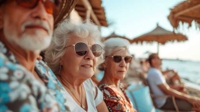 Group Of Senior Friends With Sunglasses Relaxing At A Beach Resort