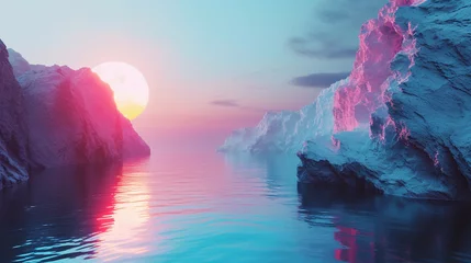 Foto op Aluminium Futuristic Landscape: Minimalist Abstract Zen Wallpaper Featuring a 3D Rendered Cliffside Overlooking the Ocean Under a Spectacular Sunrise © Tharshan