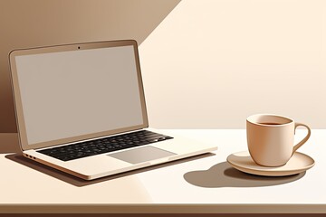 Fototapeta premium minimalistic mock up with cup of coffee and laptop on desk in a kitchen, soft and airy space
