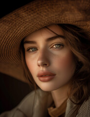 Closeup of a woman wearing a hat with stunning eyes, fashion photography