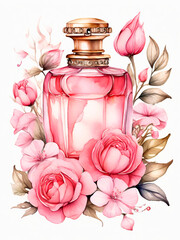 Pink delicate flowers perfume, illustration in watercolor style