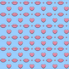 Seamless pattern with sexy pink lips and hearts on blue background. Vector background.