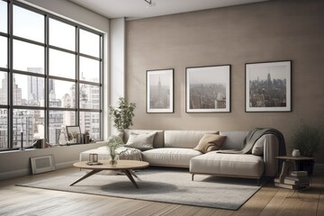 Obraz na płótnie Canvas Gray living room corner with beige sofa, cityscape themed panoramic window, and horizontally framed poster on the wall. a mockup