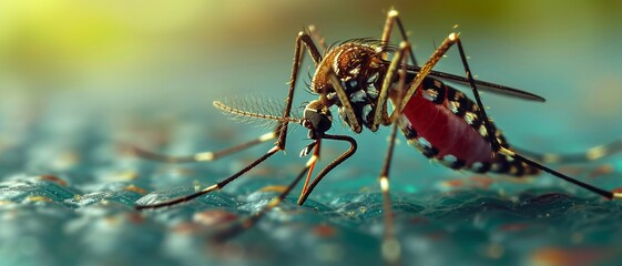 Zika Virus and Mosquito Interaction, the Zika virus on the surface of a mosquito's proboscis. macro photography to emphasize the details of both the virus and the mosquito.