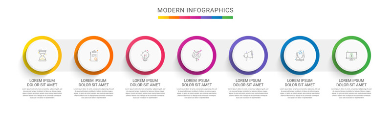 Modern infographics vector template. Cyclic infographic with seven circles. Timeline design template with 7 options, steps, and parts. Flat illustration for business. - obrazy, fototapety, plakaty