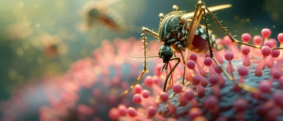 Papier Peint photo Lavable Photographie macro Zika Virus and Mosquito Interaction, the Zika virus on the surface of a mosquito's proboscis. macro photography to emphasize the details of both the virus and the mosquito.