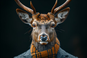 A mesmerizing deer head in a stylish business suit, emanating an air of mystery. Created with generative AI.