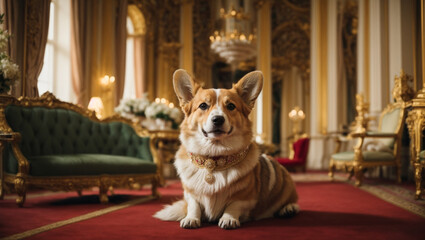 Royal Corgi Dog Queen Elizabeth II King Charles III Pet Royalty in the Buckingham Palace - obrazy, fototapety, plakaty