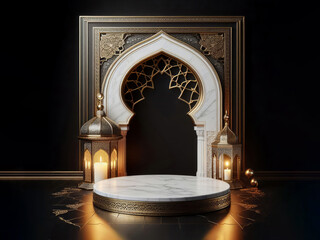 white marble podium, and arabian lantern dark background, ai generated