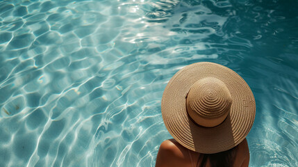 A woman sitting by the pool wearing a wide-brimmed hat in top view. Top view of woman playing with clear water sitting in swimming pool.