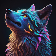 Neon shimmering wolf in a psychedelic state. AI-created.