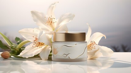 Cosmetic cream jar mockup template. Skin care product with marijuana on a light background with lilies. Natural, organic concept.