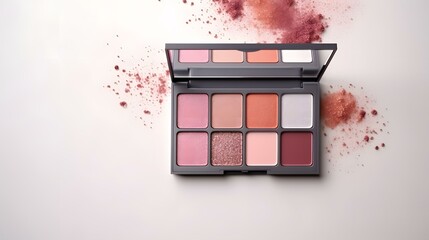 Multicolor eyeshadow palette with glitte isolated on white background, top view. Luxury cosmetics product for makeup.on a light background