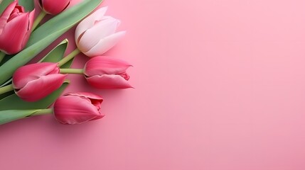 Bouquet of pink tulips on pink background, top view, with copy space for text. Greeting card for Valentine's Day, Woman's Day, Mothers day.