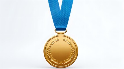 Gold medal with blue ribbon isolated on white background.
