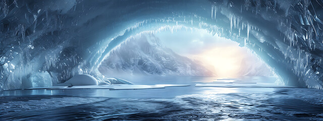 ice cave on lake shore sunrise 3d landscape with wate