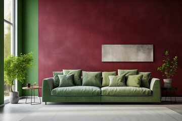 Sofa against wall, modern living room, big window, minimalist apartment, green and bordo interior design