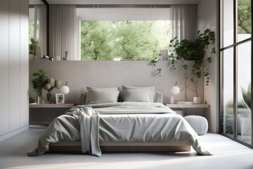 A window facing a patio with plants, a double bed with pillows and cushions, white towels, and an upholstered headboard in gray fabric