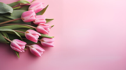 Kwiatowe różowe minimalistyczne tło na życzenia z okazji Dnia Kobiet, Dnia Matki, Dnia Babci, Urodzin, Walentynek czy pierwszego dnia wiosny. Szablon na baner lub mockup z tulipanami. - obrazy, fototapety, plakaty