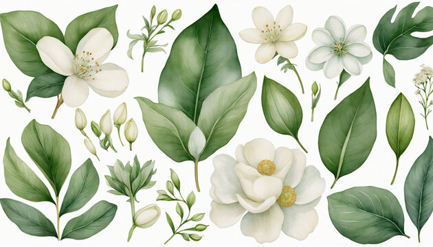 Fototapeta White flowers and green leaves watercolor collection isolated on white background