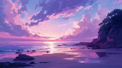  Beautiful anime-style illustration of a hidden beach, dreamy pastel colors © Georgina Burrows