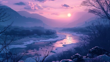 Beautiful anime-style illustration of a river running through a snowy valley at golden hour