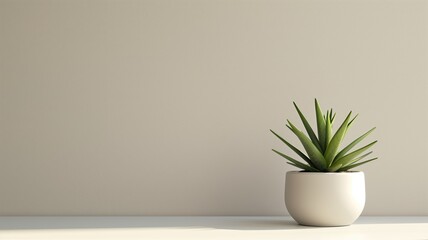 A green succulent plant in a white pot on a white shelf with light background