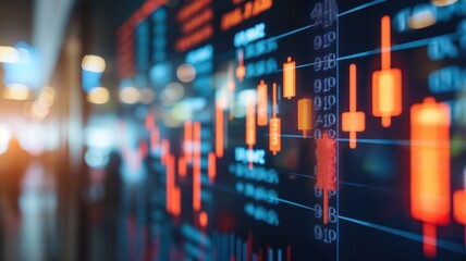 A dynamic display of financial data analysis with glowing charts on a futuristic screen