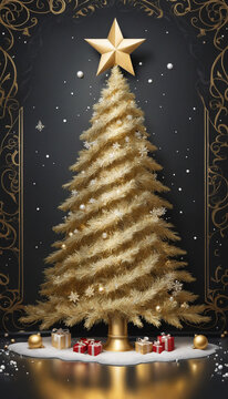 Elegant Christmas tree oil painting. Festive gold card design.