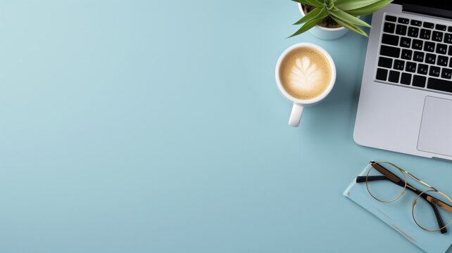 A tidy workspace with a laptop, coffee cup, and plant on a blue background