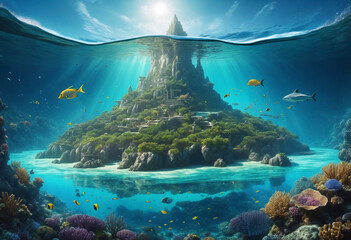 Fantasy island with underwater seascape. Generative AI - obrazy, fototapety, plakaty