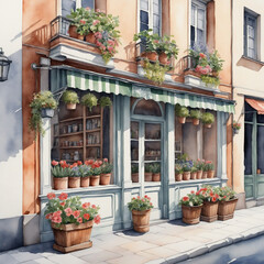 Fototapeta na wymiar flower storefront watercolor illustration on white background