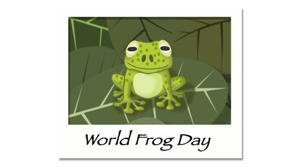A tree frog against a background of foliage in a frame on a transparent background and the inscription "World Frog Day". This day is celebrated every year on March 20.
