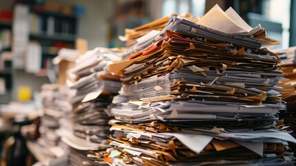 Folders with documents are piled on the table in large piles, waiting to be digitized and recycled. Blurred background of an office, archive room. The concept of transition in office work. - obrazy, fototapety, plakaty