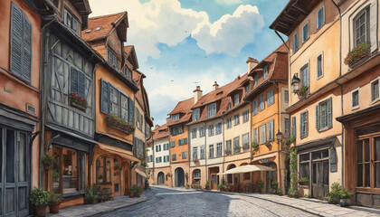 Fototapeta na wymiar Charming European town street watercolor painting