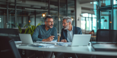 Two businessmen engaging in a discussion at a modern office workspace. Business and people