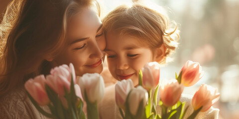 Mothers Day. Tender moment between mother and child with tulips in soft sunlight.