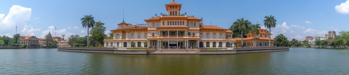 Wide panoramic view of a grand palace on the waterfront.