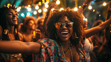 Festival and carnival. Vibrant party scene with joyful woman dancing and taking a selfie, colorful lights and festive atmosphere - obrazy, fototapety, plakaty