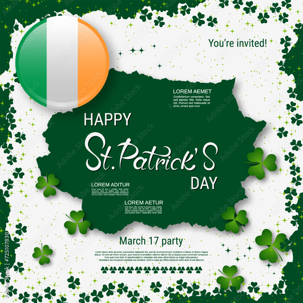 Poster st.patrick's day vector illustration. green-white background with colorful clover leaves and design 