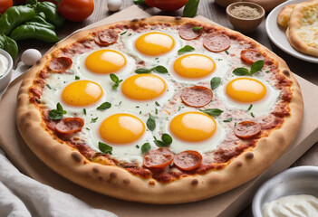 Egg-topped breakfast pizza with creamy white cheese - up close and delicious