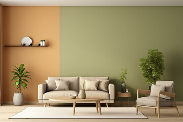 Minimalistic studio room with sofa and armchairs in cool matcha colour, home plants